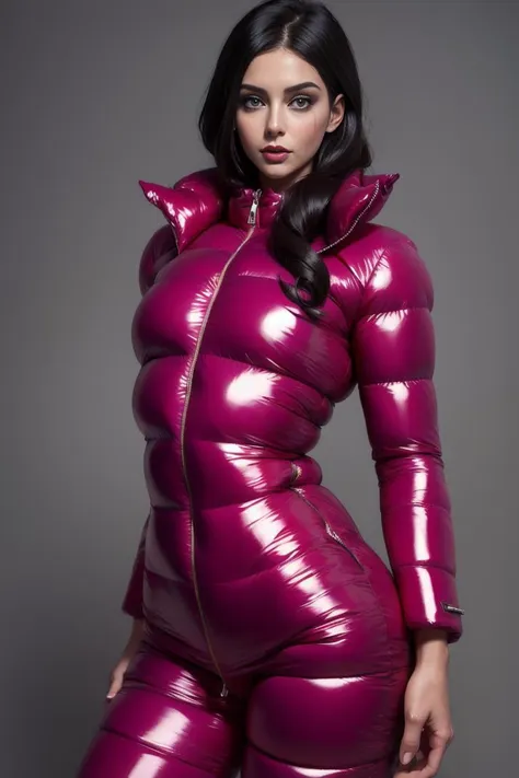 A stunning portrait of a young, slim, cute, sweet European woman, 20 years old, radiating elegance and beauty. She is dressed in a fashionable, colorful, shiny and glossy puffer down outfit. ((High Yoked)). The lighting is soft, highlighting her features and emphasizing the glossy texture of her clothes. Cinematic lighting, very cold, high resolution, winter fashion, realistic shading, digital painting, artstation, sweetest, cutest, ((tempting)). by Parkasite. <lora:Parkasite_v10:0.8>