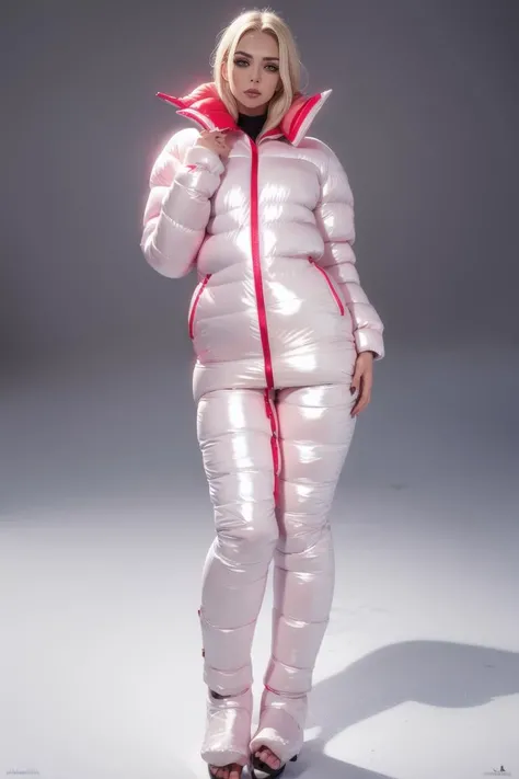 A stunning portrait of a young, slim, cute, sweet European woman, 20 years old, radiating elegance and beauty. She is dressed in a fashionable, colorful, shiny and glossy puffer down outfit. ((High Yoked)). The lighting is soft, highlighting her features and emphasizing the glossy texture of her clothes. Cinematic lighting, very cold, high resolution, winter fashion, realistic shading, digital painting, artstation, sweetest, cutest, ((tempting)). by Parkasite. <lora:Parkasite_v10:0.8>