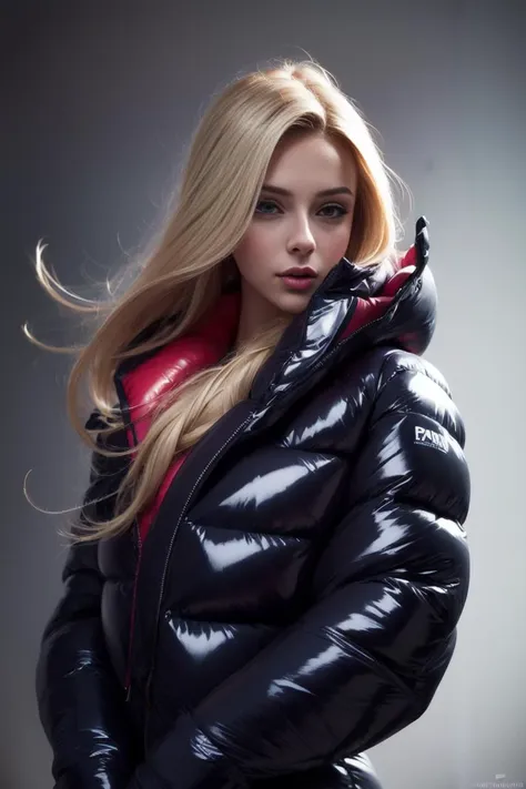 A stunning portrait of a young, blonde, slim, cute, sweet European girl, 20 years old, radiating elegance and beauty. She is dressed in a fashionable, (colorful), (shiny and glossy), (puffer downjacket) with zipper. zipped high over mouth, ((High Yoked)). The lighting is soft, highlighting her features and emphasizing the high glossy texture of her clothes. Cinematic lighting, very cold, high resolution, winter fashion, realistic shading, digital painting, artstation, sweetest, cutest, ((tempting)). by Parkasite. <lora:Parkasite_v10:0.9>