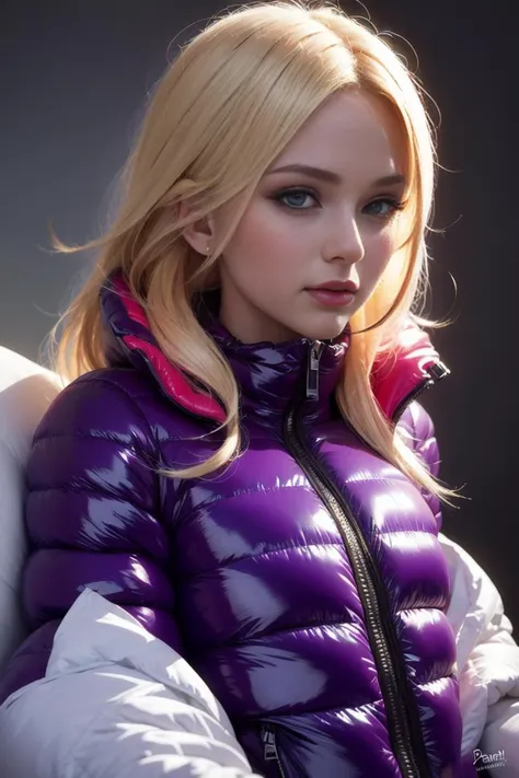 A stunning portrait of a young, blonde, slim, cute, sweet European girl, 20 years old, radiating elegance and beauty. She is dressed in a fashionable, (colorful), (shiny and glossy), (puffer downjacket) with zipper. zipped high over mouth, ((High Yoked)). The lighting is soft, highlighting her features and emphasizing the high glossy texture of her clothes. Cinematic lighting, very cold, high resolution, winter fashion, realistic shading, digital painting, artstation, sweetest, cutest, ((tempting)). by Parkasite. <lora:Parkasite_v10:0.9>