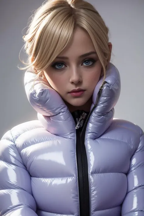 A stunning portrait of a young, blonde, slim, cute, sweet European girl, 20 years old, radiating elegance and beauty. She is dressed in a fashionable, (colorful), (shiny and glossy), (puffer downjacket) with zipper. zipped high over mouth, ((High Yoked)). The lighting is soft, highlighting her features and emphasizing the high glossy texture of her clothes. Cinematic lighting, very cold, high resolution, winter fashion, realistic shading, digital painting, artstation, sweetest, cutest, ((tempting)). by Parkasite. <lora:Parkasite_v10:0.9>