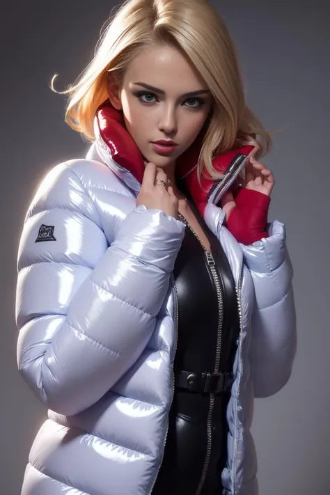 A stunning portrait of a young, blonde, slim, cute, sweet European girl, 20 years old, radiating elegance and beauty. She is dressed in a fashionable, (colorful), (shiny and glossy), (puffer downjacket) with zipper. zipped high over mouth, ((High Yoked)). The lighting is soft, highlighting her features and emphasizing the high glossy texture of her clothes. Cinematic lighting, very cold, high resolution, winter fashion, realistic shading, digital painting, artstation, sweetest, cutest, ((tempting)). by Parkasite. <lora:Parkasite_v10:0.9>