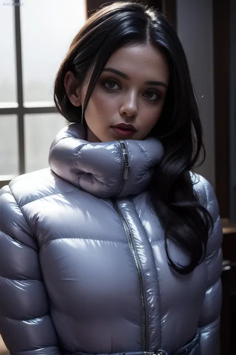 A stunning portrait of a young, slim, cute, sweet European woman, 20 years old, radiating elegance and beauty. She is dressed in a fashionable, colorful, shiny and glossy puffer down outfit. ((High Yoked)). The lighting is soft, highlighting her features and emphasizing the glossy texture of her clothes. Cinematic lighting, very cold, high resolution, winter fashion, realistic shading, digital painting, artstation, sweetest, cutest, ((tempting)). by Parkasite. <lora:Parkasite_v10:0.8>