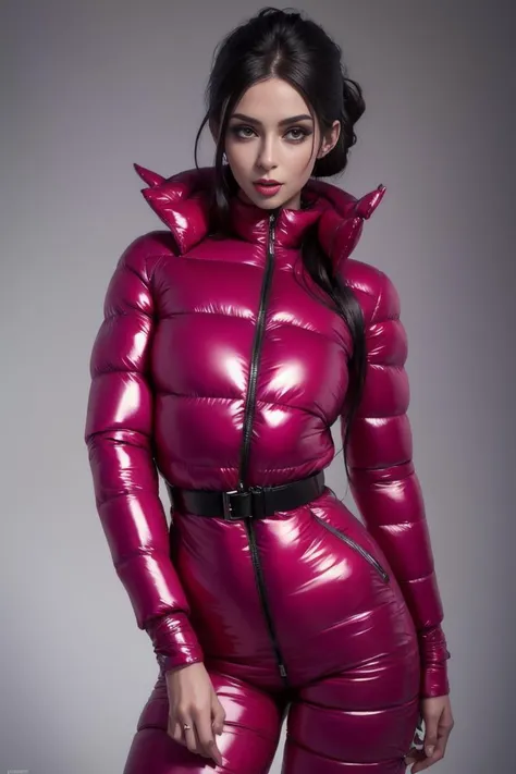 A stunning portrait of a young, slim, cute, sweet European woman, 20 years old, radiating elegance and beauty. She is dressed in a fashionable, colorful, shiny and glossy puffer down outfit. ((High Yoked)). The lighting is soft, highlighting her features and emphasizing the glossy texture of her clothes. Cinematic lighting, very cold, high resolution, winter fashion, realistic shading, digital painting, artstation, sweetest, cutest, ((tempting)). by Parkasite. <lora:Parkasite_v10:0.8>