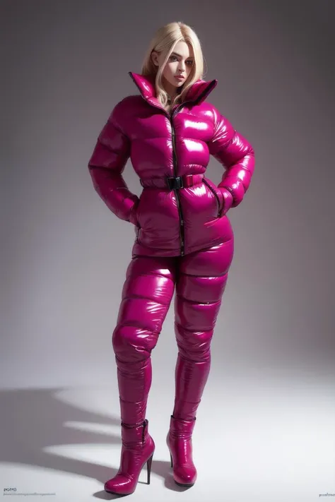 A stunning portrait of a young, slim, cute, sweet European woman, 20 years old, radiating elegance and beauty. She is dressed in a fashionable, colorful, shiny and glossy puffer down outfit. ((High Yoked)). The lighting is soft, highlighting her features and emphasizing the glossy texture of her clothes. Cinematic lighting, very cold, high resolution, winter fashion, realistic shading, digital painting, artstation, sweetest, cutest, ((tempting)). by Parkasite. <lora:Parkasite_v10:0.8>