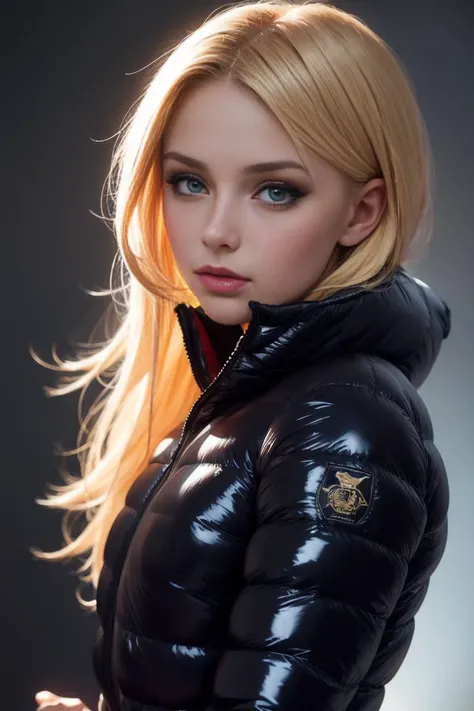 A stunning portrait of a young, blonde, slim, cute, sweet European girl, 20 years old, radiating elegance and beauty. She is dressed in a fashionable, (colorful), (shiny and glossy), (puffer downjacket) with zipper. zipped high over mouth, ((High Yoked)). The lighting is soft, highlighting her features and emphasizing the high glossy texture of her clothes. Cinematic lighting, very cold, high resolution, winter fashion, realistic shading, digital painting, artstation, sweetest, cutest, ((tempting)). by Parkasite. <lora:Parkasite_v10:0.9>