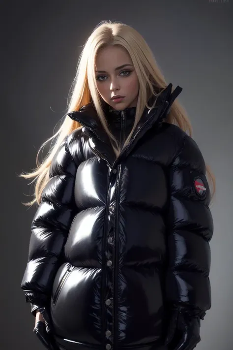 A stunning portrait of a young, blonde, slim, cute, sweet European girl, 20 years old, radiating elegance and beauty. She is dressed in a fashionable, (colorful), (shiny and glossy), (puffer downjacket) with zipper. zipped high over mouth, ((High Yoked)). The lighting is soft, highlighting her features and emphasizing the high glossy texture of her clothes. Cinematic lighting, very cold, high resolution, winter fashion, realistic shading, digital painting, artstation, sweetest, cutest, ((tempting)). by Parkasite. <lora:Parkasite_v10:0.9>