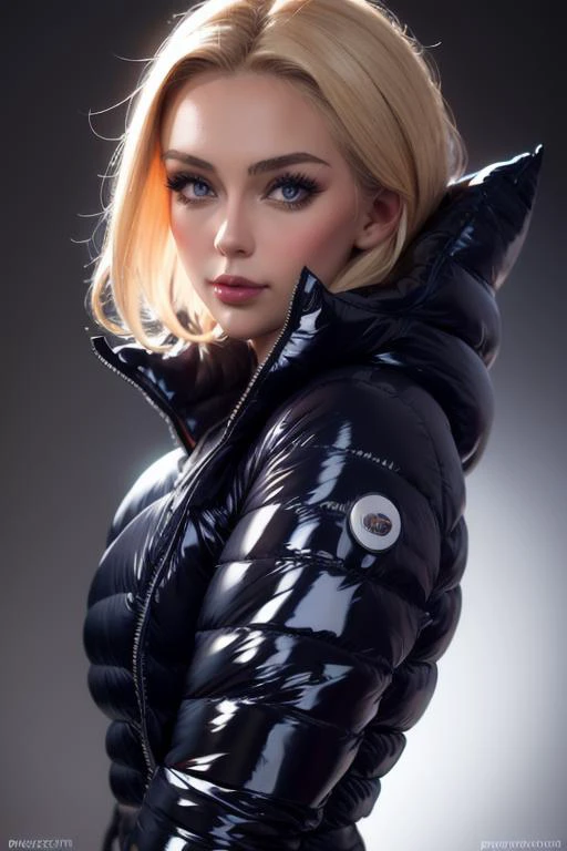 A stunning portrait of a young, blonde, slim, cute, sweet European girl, 20 years old, radiating elegance and beauty. She is dressed in a fashionable, (colorful), (shiny and glossy), (puffer downjacket) with zipper. zipped high over mouth, ((High Yoked)). The lighting is soft, highlighting her features and emphasizing the high glossy texture of her clothes. Cinematic lighting, very cold, high resolution, winter fashion, realistic shading, digital painting, artstation, sweetest, cutest, ((tempting)). by Parkasite. <lora:Parkasite_v10:0.9>