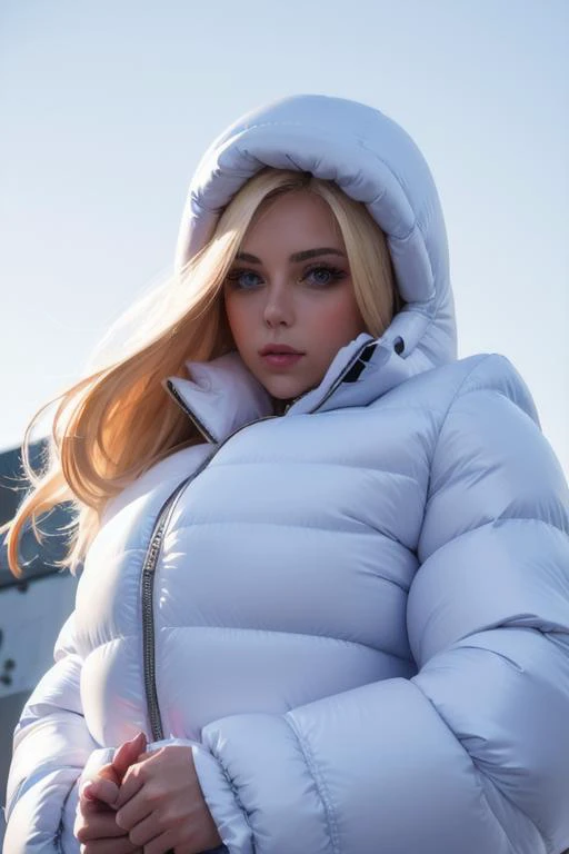 A stunning portrait of a young, blonde, slim, cute, sweet European girl, 20 years old, radiating elegance and beauty. She is dressed in a fashionable, (colorful), (shiny and glossy), (puffer downjacket) with zipper. zipped up high over mouth, ((High Yoked)). The lighting is soft, highlighting her features and emphasizing the high glossy texture of her clothes. Cinematic lighting, very cold, high resolution, winter fashion, realistic shading, digital painting, artstation, sweetest, cutest, ((tempting)). by Parkasite. <lora:Parkasite_v10:0.9>