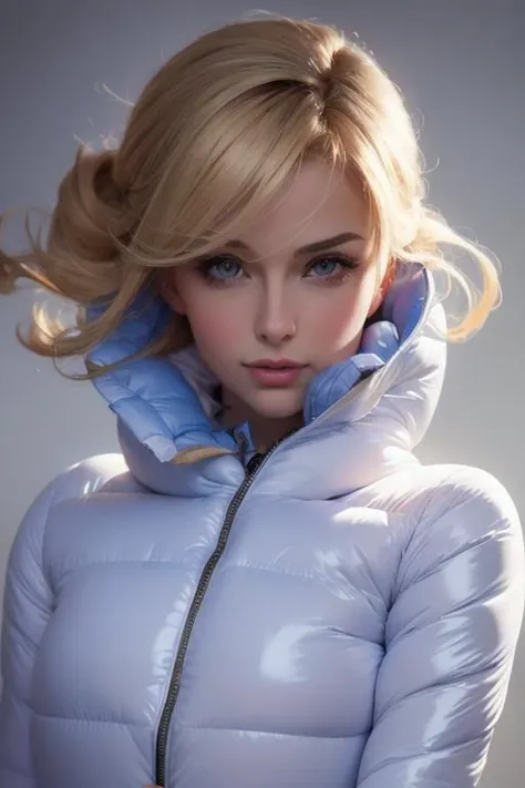 A stunning portrait of a young, blonde, slim, cute, sweet European girl, 20 years old, radiating elegance and beauty. She is dressed in a fashionable, (colorful), (shiny and glossy), (puffer downjacket) with zipper. zipped up high over mouth, ((High Yoked)). The lighting is soft, highlighting her features and emphasizing the high glossy texture of her clothes. Cinematic lighting, very cold, high resolution, winter fashion, realistic shading, digital painting, artstation, sweetest, cutest, ((tempting)). by Parkasite. <lora:Parkasite_v10:0.9>