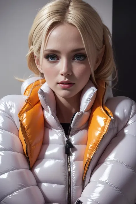 A stunning portrait of a young, blonde, slim, cute, sweet European girl, 20 years old, radiating elegance and beauty. She is dressed in a fashionable, (colorful), (shiny and glossy), (puffer downjacket) with zipper. zipped up high over mouth, ((High Yoked)). The lighting is soft, highlighting her features and emphasizing the high glossy texture of her clothes. Cinematic lighting, very cold, high resolution, winter fashion, realistic shading, digital painting, artstation, sweetest, cutest, ((tempting)). by Parkasite. <lora:Parkasite_v10:0.9>