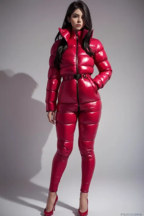 A stunning portrait of a young, slim, cute, sweet European woman,[Jennifer Lawrence:0.75], 20 years old, radiating elegance and beauty. She is dressed in a fashionable, colorful, shiny and glossy puffer down outfit. ((High Yoked)). The lighting is soft, highlighting her features and emphasizing the glossy texture of her clothes. Cinematic lighting, very cold, high resolution, winter fashion, realistic shading, digital painting, artstation, sweetest, cutest, ((tempting)). by Parkasite. <lora:Parkasite_v10:0.7>