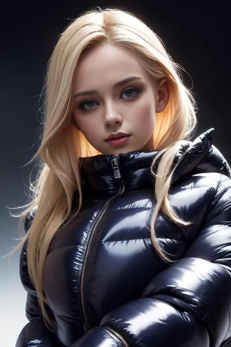 A stunning portrait of a young, blonde, slim, cute, sweet European girl, 20 years old, radiating elegance and beauty. She is dressed in a fashionable, (colorful), (shiny and glossy), (puffer downjacket) with zipper. zipped up high over mouth, ((High Yoked)). The lighting is soft, highlighting her features and emphasizing the high glossy texture of her clothes. Cinematic lighting, very cold, high resolution, winter fashion, realistic shading, digital painting, artstation, sweetest, cutest, ((tempting)). by Parkasite. <lora:Parkasite_v10:0.9>