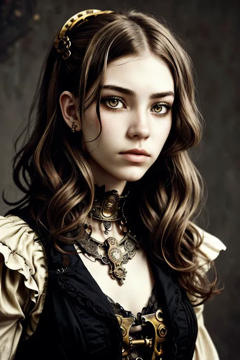 (steampunk style, gears, brass, Victorian, intricate, detailed:1.15), <lora:sd15_ClaireJameson_locon_24_v1:.9> ClaireJameson, focus on eyes, close up on face, wearing jewelry, hair styled as ombr hair, desaturated grunge filter