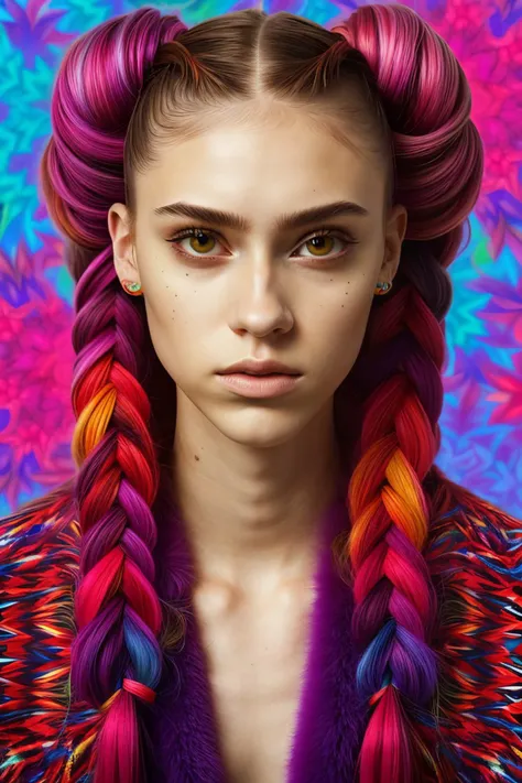 (psychedelic version, vibrant, kaleidoscopic, surreal, detailed:1.15), close range of <lora:sd15_ClaireJameson_locon_24_v1:.9> ClaireJameson, focus on face, wearing a fur-lined jacket , her hair is styled as Straight Braided Half-Up Half-Down,