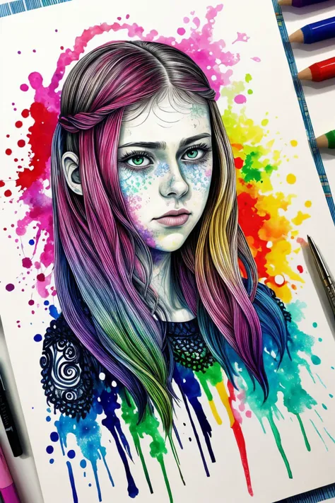 realistic photo of (<lora:sd15_ClaireJameson_locon_24_v1:.9> ClaireJameson:1.2), ink splash, colorful, zentangle