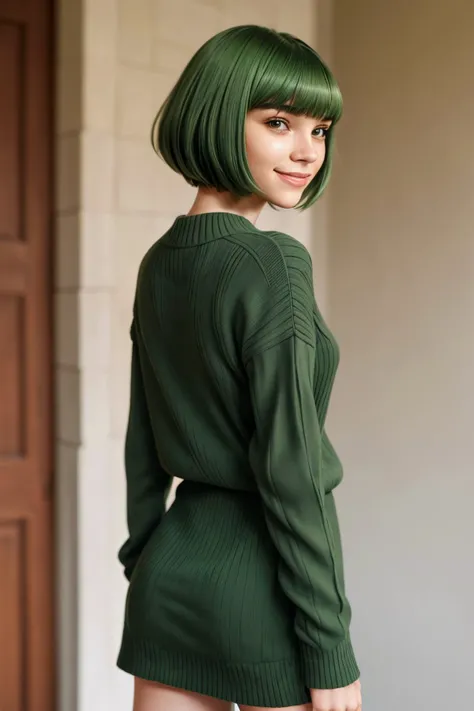 (style of Franklin Booth:1.15), close range of <lora:sd15_ClaireJameson_locon_24_v1:.9> ClaireJameson, focus on smiling face, from behind wearing a thin sweater , her military green color hair is styled as Straight Full Bangs,