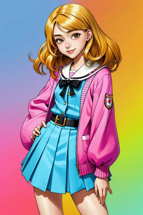 (kawaii style, cute, colorful, pop culture, highly detailed:1.15), (long shot:1.4), <lora:sd15_ClaireJameson_locon_24_v1:.9> ClaireJameson blonde hair, smile, redwood color hair styled as voluminous lob hair