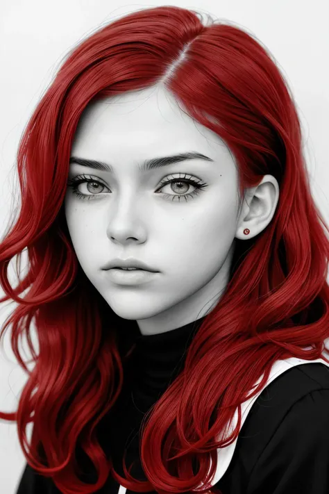 photo of <lora:sd15_ClaireJameson_locon_24_v1:.9> ClaireJameson , focus on eyes, close up on face, fire engine red color hair styled as side part waves hair, black and white