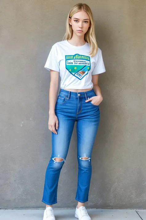 (full body shot:1.4), <lora:sd15_ClaireJameson_locon_24_v1:.9> ClaireJameson wearing a t-shirt and jeans