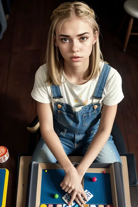 (from above, headshot:1.2) of photo of <lora:sd15_ClaireJameson_locon_24_v1:.9> ClaireJameson blonde hair, she is wearing overalls , her hair is styled as center-parted straight hair, BREAK she is (playing a board game:1.1), dramatic rim lighting, technicolor,shot on ALEXA 65 ,