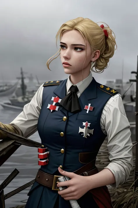 realistic photo of <lora:sd15_ClaireJameson_locon_24_v1:.9> ClaireJameson blonde hair, solo, upper body, looking up, detailed background, detailed face, (naval marine military theme:1.1), battlefield-medic, field-surgeon, determined, black military medic uniform, vest, red cross, military insignia, first aid kit, blood soaked bandages, toruniquet, medical aid, dirt , blood stains, fortified battlefield trench, barbed wire in background, floating particles, bullet shells, under fire, dark fog, urgency, epic atmosphere,