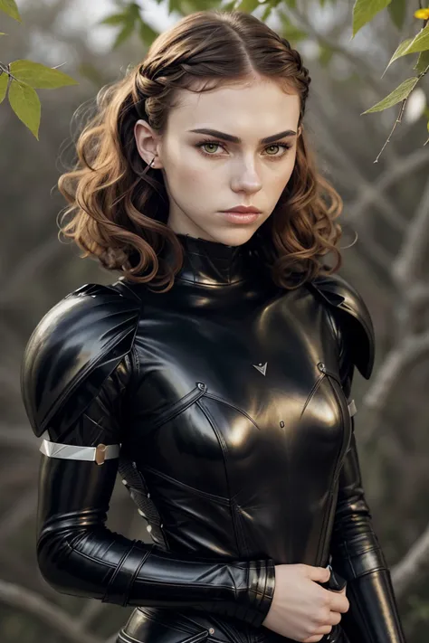 (vexel style, sharp, clean, vector-based, highly detailed:1.15), close range of <lora:sd15_ClaireJameson_locon_24_v1:.9> ClaireJameson, focus on face, wearing leather armor , her color harvest hair is styled as Ringlet Curls,