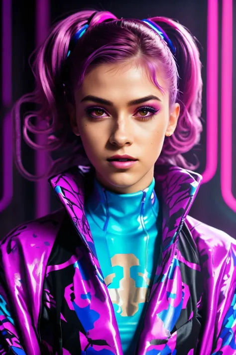 (neonpunk style, cyberpunk, vaporwave, neon, vibes, vibrant, stunningly beautiful, crisp, detailed, sleek, ultramodern, magenta highlights, dark purple shadows, high contrast, cinematic, ultra detailed, intricate, professional:1.15), half-body of <lora:sd15_ClaireJameson_locon_24_v1:.9> ClaireJameson, focus on smiling face, wearing a camouflage kimono , her hair is styled as Curly Ponytail,