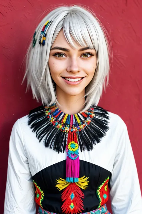 (folk art style, vibrant, patterned, cultural, highly detailed:1.15), <lora:sd15_ClaireJameson_locon_24_v1:.9> ClaireJameson, focus on eyes, close up on face, grinning, wearing jewelry, color Navajo white hair styled as shag hair, black and white