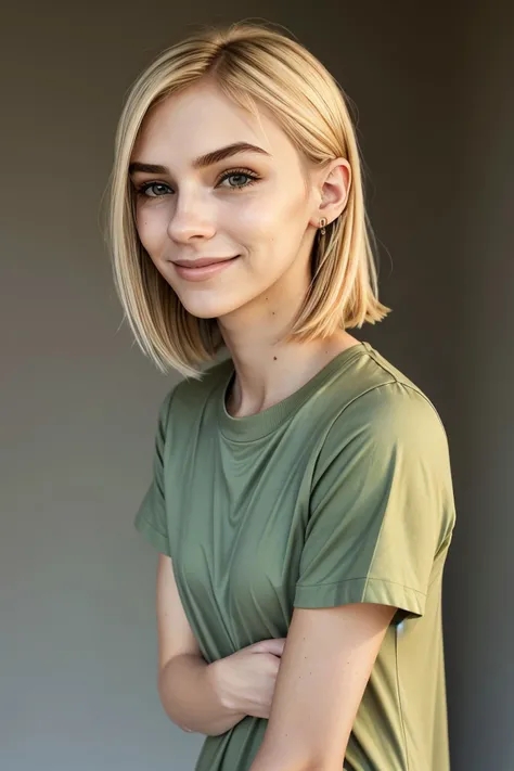 (style of Chris Mars:1.15), headshot of <lora:sd15_ClaireJameson_locon_24_v1:.9> ClaireJameson blonde hair, focus on smiling face, side view wearing a t-shirt dress , her light khaki green hair is styled as french crop hair,