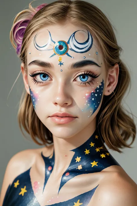 realistic photo of <lora:sd15_ClaireJameson_locon_24_v1:.9> ClaireJameson, close up on face, focus on eyes, (astrology face paint:1.2)