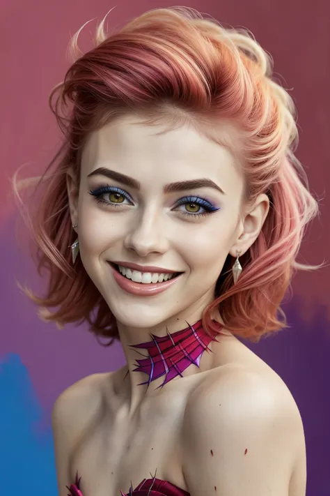 (fauvist style, bright, unnatural colors, bold brushwork:1.15), close range of <lora:sd15_ClaireJameson_locon_24_v1:.9> ClaireJameson, focus on smiling face, wearing an elegant evening gown , her hair is styled as spiky hair,