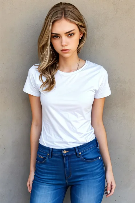 (medium shot:1.4), <lora:sd15_ClaireJameson_locon_24_v1:.9> ClaireJameson wearing a t-shirt and jeans