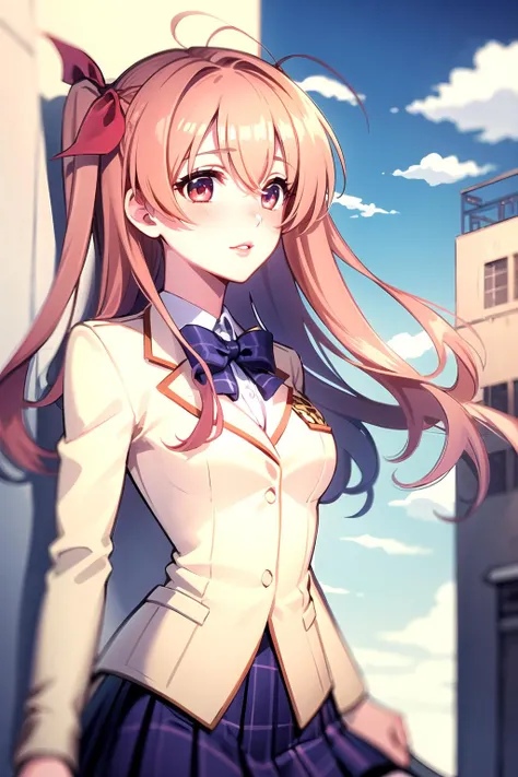 1girl, Masterpiece, Best Quality, 4K, Lips Parted, Focus on Upper Body, rimi sakihata, long hair, one side up, pink hair, school uniform, serafuku, thighhighs, zettai ryouiki, <lora:rimisakihatatest:1>, School Rooftop, <lora:school_rooftop_v0.1:1>