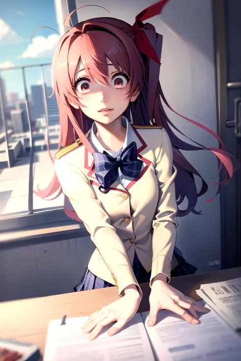 1girl, Masterpiece, Best Quality, 4K, Lips Parted, Focus on Upper Body, rimi sakihata, long hair, one side up, pink hair, school uniform, serafuku, thighhighs, zettai ryouiki, <lora:rimisakihatatest:1>, Constricted Pupils, <lora:constricted_pupils_v0.2a:1>, School Rooftop, <lora:school_rooftop_v0.1:1>