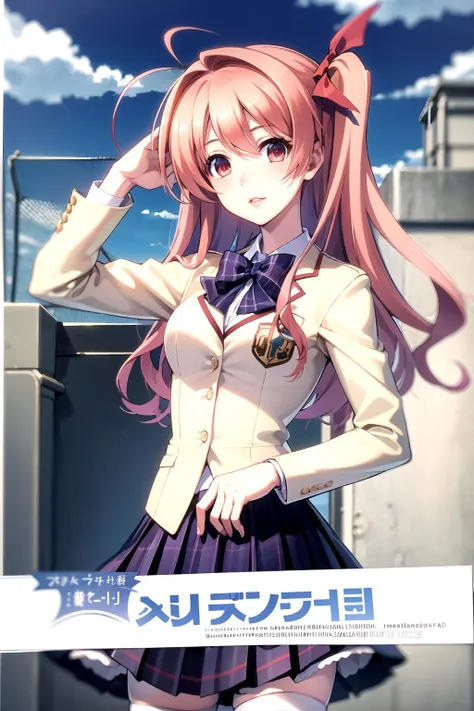 1girl, Masterpiece, Best Quality, 4K, Lips Parted, Focus on Upper Body, rimi sakihata, long hair, one side up, pink hair, school uniform, serafuku, thighhighs, zettai ryouiki, <lora:rimisakihatatest:1>, School Rooftop, <lora:school_rooftop_v0.1:1>