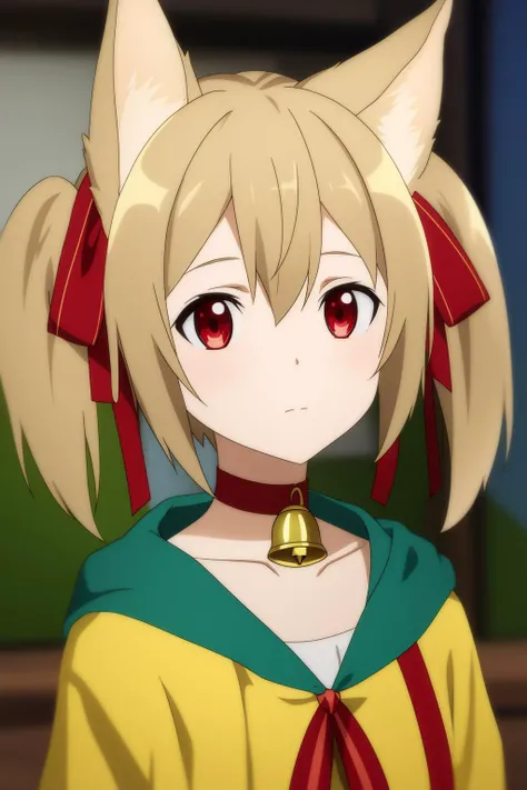 silica-alfheim, 1girl, solo, short_hair, bangs, brown_hair, red_eyes, ribbon, animal_ears, hair_between_eyes, twintails, closed_mouth, collarbone, hair_ribbon, upper_body, choker, cat_ears, blurry, shiny_hair, collar, red_ribbon, bell, blurry_background, neck_bell