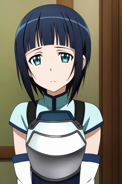 sachi, 1girl, solo, looking_at_viewer, short_hair, bangs, blue_eyes, black_hair, gloves, blue_hair, upper_body, elbow_gloves, white_gloves, blunt_bangs, armor, aqua_eyes, frown, parody, anime_coloring