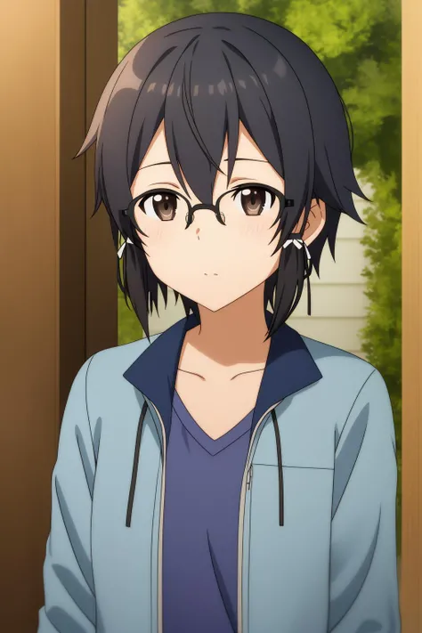 shino, 1girl, solo, short_hair, bangs, shirt, black_hair, ribbon, hair_between_eyes, brown_eyes, closed_mouth, collarbone, jacket, hair_ribbon, upper_body, sidelocks, outdoors, open_clothes, glasses, black_eyes, open_jacket, blue_shirt, blue_jacket, white_ribbon