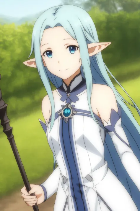 siune, 1girl, solo, long_hair, looking_at_viewer, smile, blue_eyes, white_background, dress, holding, bare_shoulders, closed_mouth, blue_hair, upper_body, outdoors, detached_sleeves, pointy_ears, white_dress, blurry, depth_of_field, blurry_background, staff, holding_staff