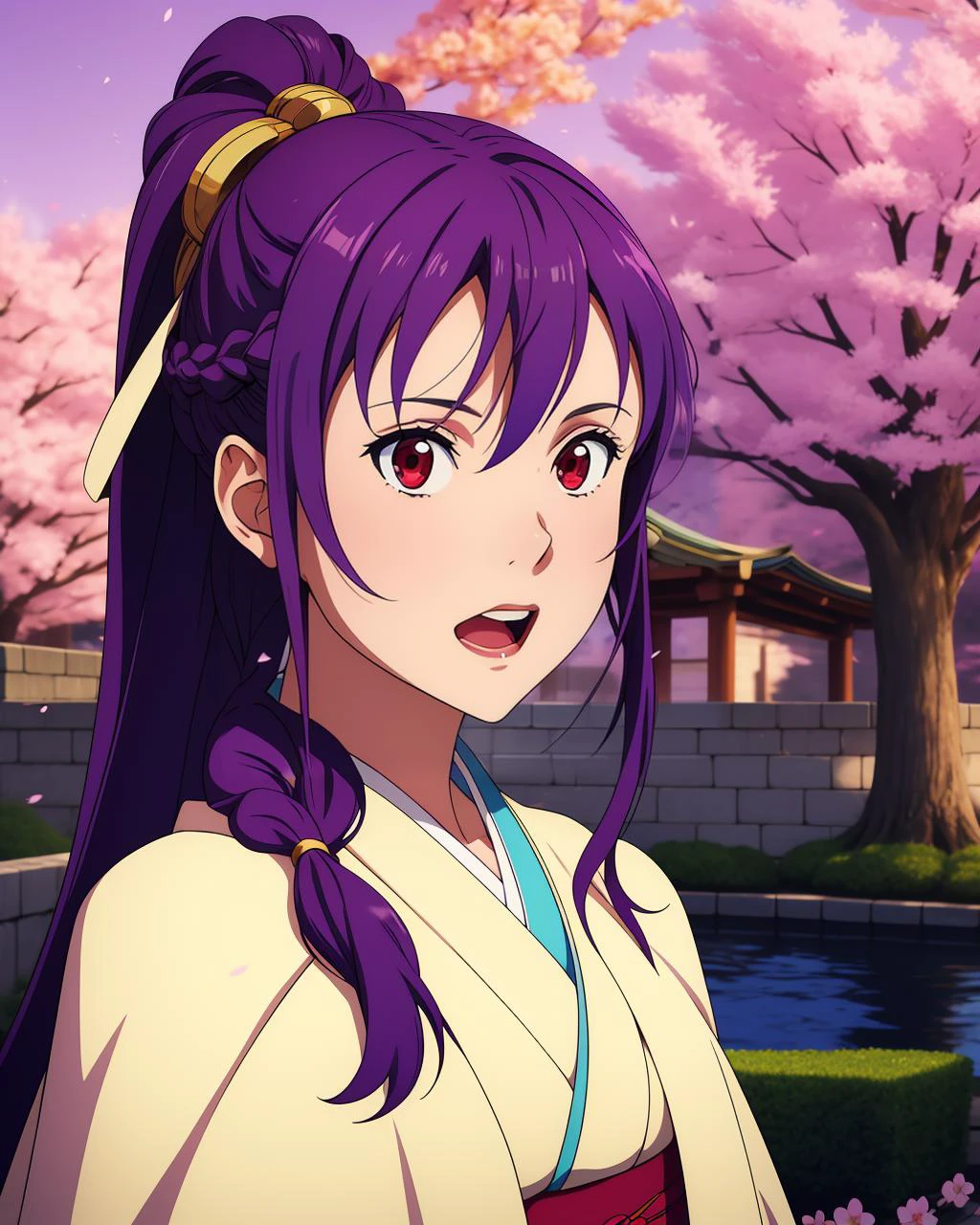 adult mature woman age 25, medieval fountain, looking at viewer, anime style, Japanese kimono, traditional design, serene garden setting, cherry blossoms, sunset hues, art by Makoto Shinkai, vibrant, detailed, 8k resolution <lora:Char_sao-GirlPack:0.6> mito, 1girl, solo, long_hair, open_mouth, bangs, hair_ornament, red_eyes, hair_between_eyes, upper_body, ponytail, purple_hair, braid, hairclip, cape, x_hair_ornament, cloak, white_cape, anime_coloring,best quality, high quality, highres, rimlighting, high detail,