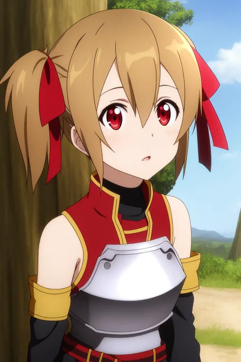 silica-sao, 1girl, solo, looking_at_viewer, short_hair, open_mouth, brown_hair, hair_ornament, red_eyes, ribbon, hair_between_eyes, bare_shoulders, twintails, hair_ribbon, upper_body, outdoors, parted_lips, detached_sleeves, sky, day, armor, tree, short_twintails, breastplate, anime_coloring