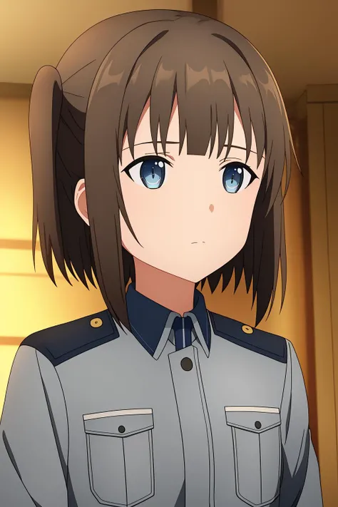 ronye, 1girl, solo, short_hair, bangs, blue_eyes, brown_hair, shirt, long_sleeves, closed_mouth, jacket, upper_body, indoors, uniform, military, military_uniform, one_side_up, expressionless, grey_shirt, grey_jacket