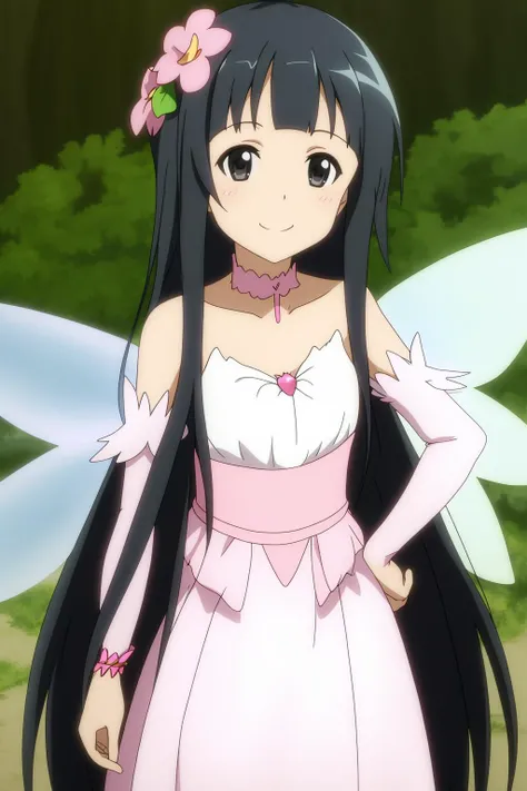 yui-fairy, 1girl, solo, long_hair, looking_at_viewer, smile, bangs, black_hair, dress, bare_shoulders, jewelry, very_long_hair, detached_sleeves, wings, barefoot, white_dress, black_eyes, hand_on_hip, hime_cut, anklet, fairy_wings, fairy