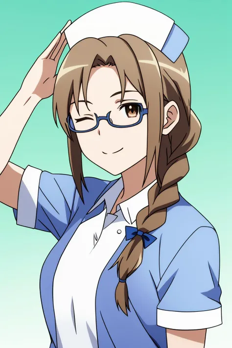 natsuki, 1girl, solo, long_hair, looking_at_viewer, smile, bangs, brown_hair, hat, dress, brown_eyes, closed_mouth, upper_body, braid, short_sleeves, one_eye_closed, glasses, gradient, gradient_background, single_braid, blue_background, hair_over_shoulder, nurse_cap, salute, nurse