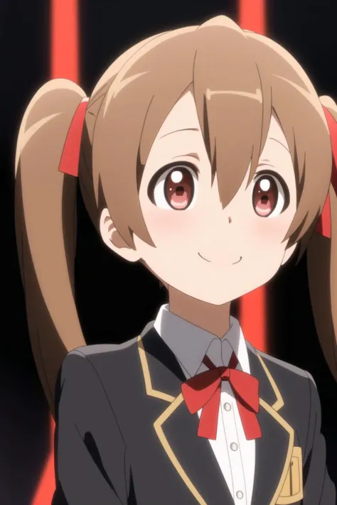 silica, anime art style, 1girl, solo, looking_at_viewer, smile, short_hair, brown_hair, ribbon, twintails, brown_eyes, school_uniform, jacket, hair_ribbon, blazer