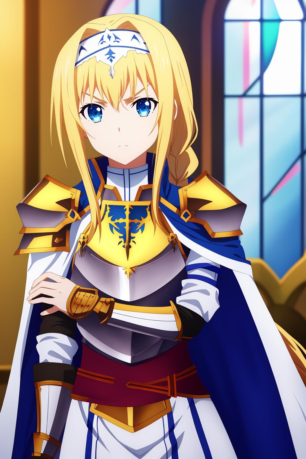 A woman in a white and blue outfit holding a sword - SeaArt AI