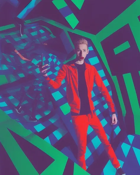 a skinny attractive sks man is mutating into an optical illusion, zip zag, busy colors, checkers, mc escher, electricity, black hole, neundies style, bright vivid colors, neons, vapor wave, complimentary colors, red and deep blue colors, Chromostereopsis, 4k, intricate, face, go pro view, closeup, suspiria, dramatic lighting