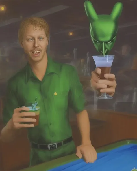 sks man as a green Roswell Alien, wearing a hawaiian shirt, drinking a cocktail, at a saloon, closeup, neundies style