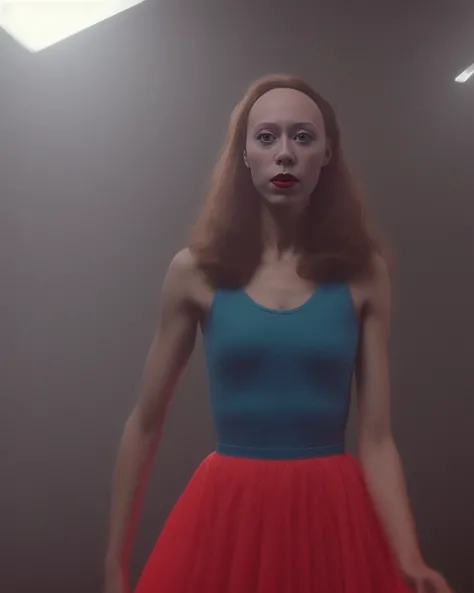 a skinny attractive female sks woman as a ballet dancer, large bust, walking in optical illusions, zig zag, busy colors, checkers, mc escher, electricity, black hole, neundies style, bright vivid colors, neons, vapor wave, tron, blood, complimentary colors, red and cyan colors, Chromostereopsis, 4k, intricate, face, go pro view, closeup, portrait, suspiria, dramatic lighting, dario argento, wtiches, terror, horror